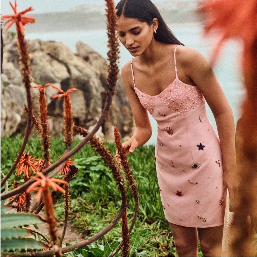 Anthropologie pink dress with beading size XL